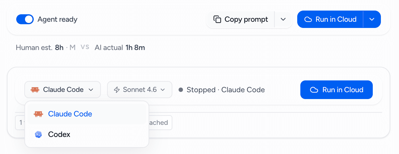 A cloud run in progress: a queued task being executed by a cloud agent, ending in a pull request