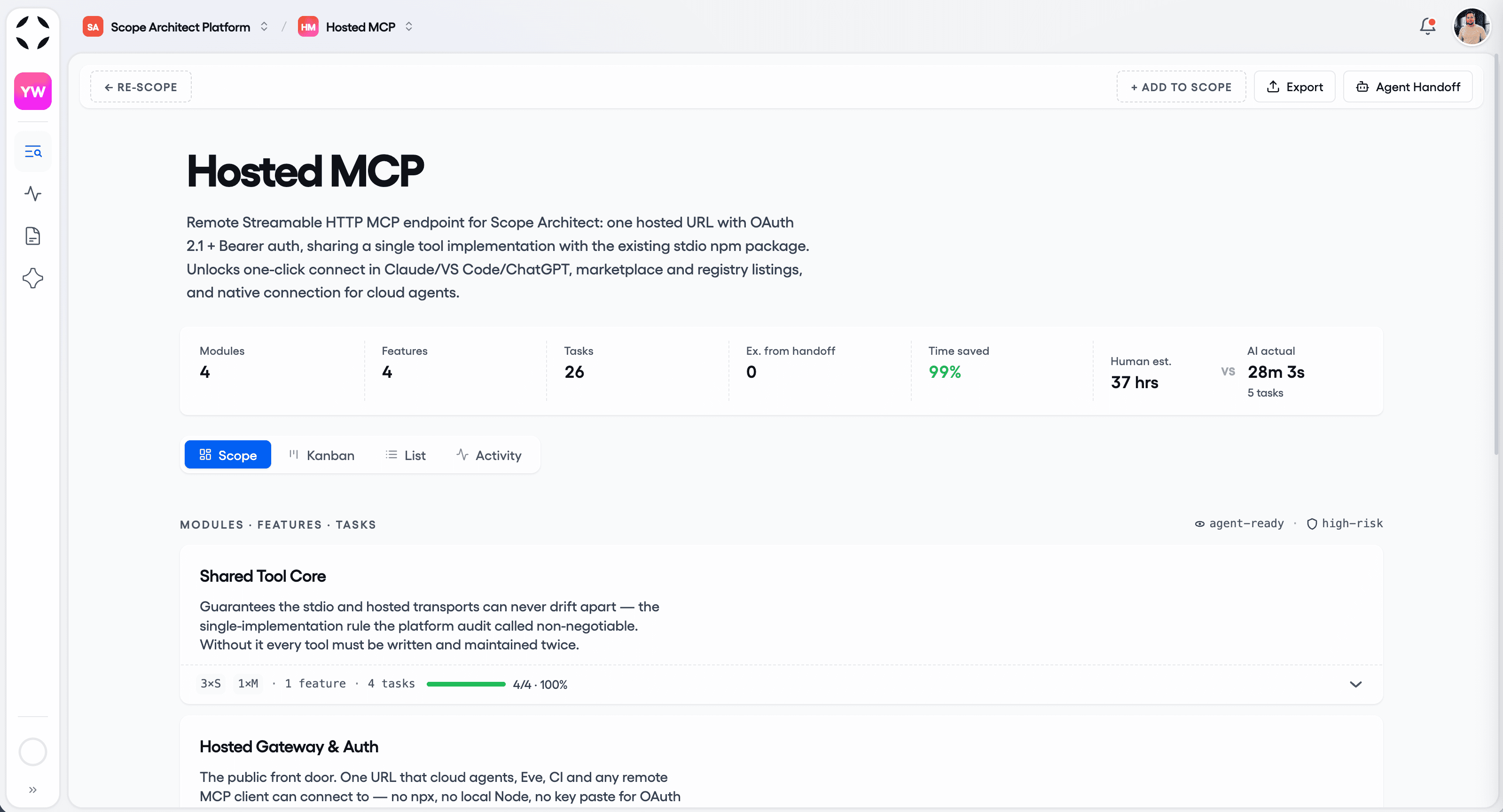A scoped project in Scope Architect: modules, features, and tasks with human-vs-AI time tracked, ready for agent handoff