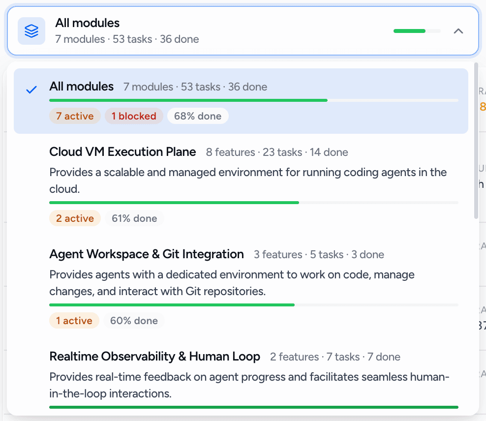 The Command Center: modules and tasks tracked live as agents work