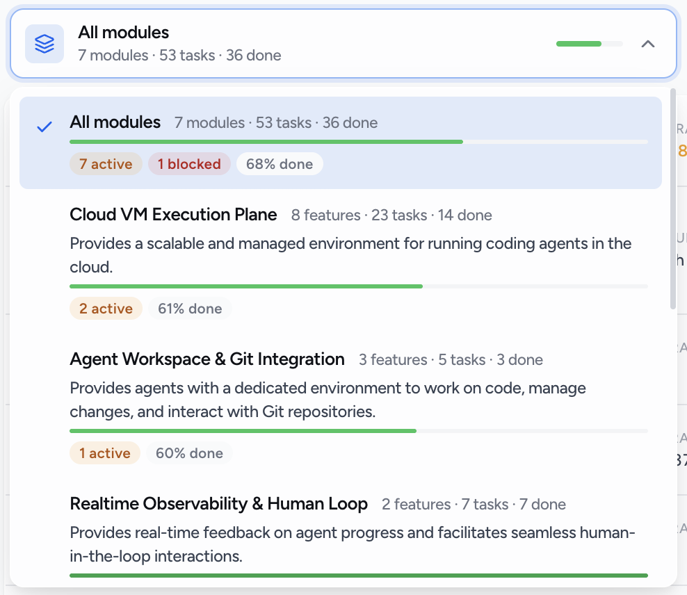 Tracking modules, features, and tasks